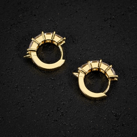 Mens Iced Princess Cut Gold Plated Sterling Silver Rockstar Spike Hoop Earrings - Picture 5 of 5